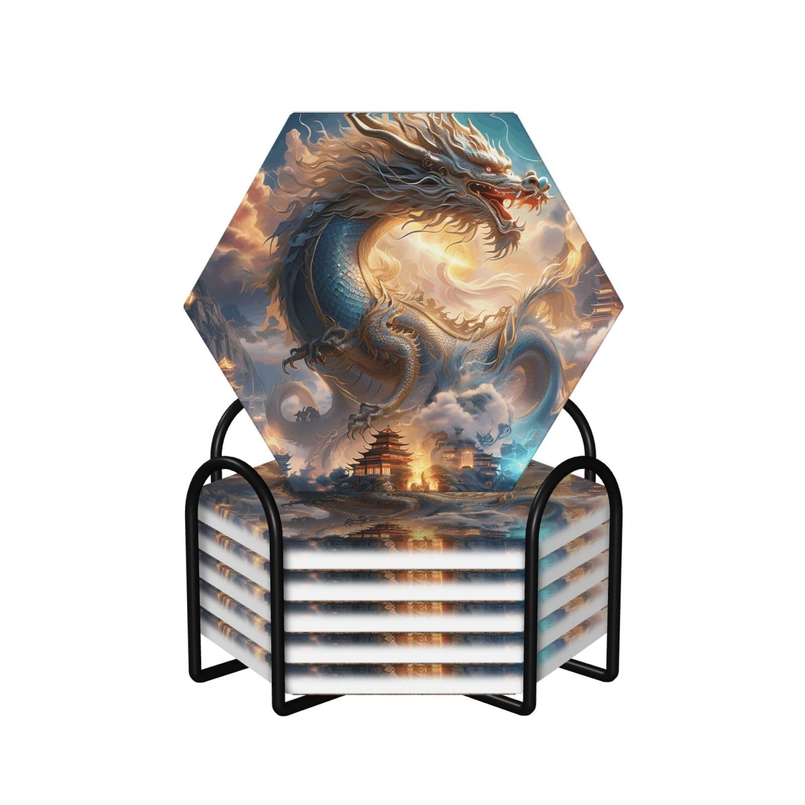 6Pcs Ceramics Coaster for Drinks, Dragon in the Heavenly Palace Cup Coasters with Holder, Aesthetic Drink Coasters for Coffee Table, Absorbent Round Coaster for Tabletop Protection 4" Cup Mat Pad