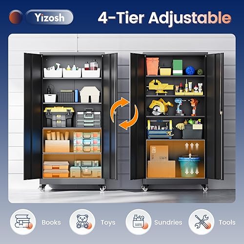 Miniatura 14 de Yizosh Armario de almacenamiento de metal para garaje con 2 puertas y 5 estantes ajustables, gabinete de archivo de acero con cerradura de 71 Negro