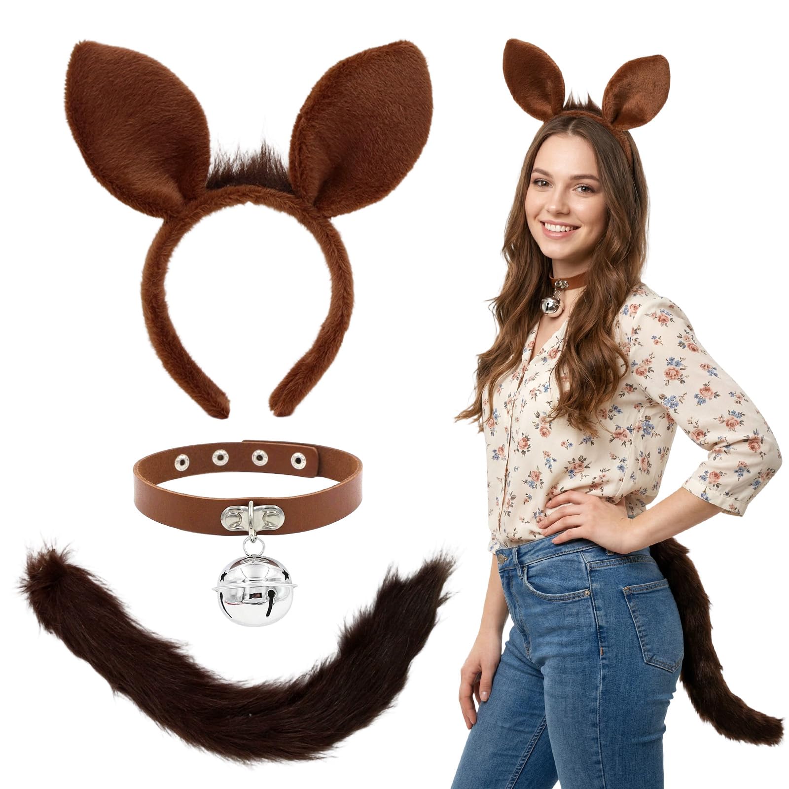 UxClishe 3pcs Horse Costume Accessories Set, Horse Fancy Dress Outfit with Horse Ear Headband Tail Bell Collar Animal Cosplay for Adults World Book Day Carnival Halloween Themed Party
