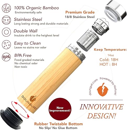 Miniatura 8 de Vaso de bambú con infusor de colador, termo de acero inoxidable aislado al vacío verde de 12 onzas con filtro para hojas sueltasbotella de viaje de