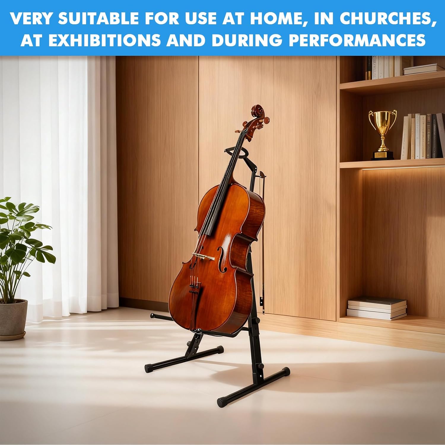 Heavy Duty Cello Stand with Bow Hook, Sturdy Portable Adjustable Versatile, Floor Steel Holder for 1/2 & 1/4 Double Upright Bass, Fiddle, Contrabass（Black）