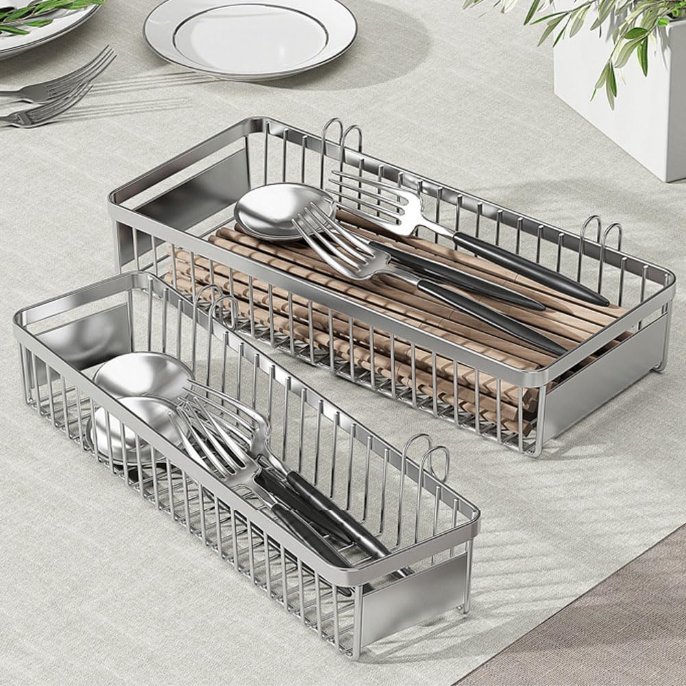 Sturdy 304 Stainless Steel Flatware Organizers with Hooks, 2 Pcs Drawer Silverware Organizer for Chopsticks/Spoon/Fork/Knife, Large and Small
