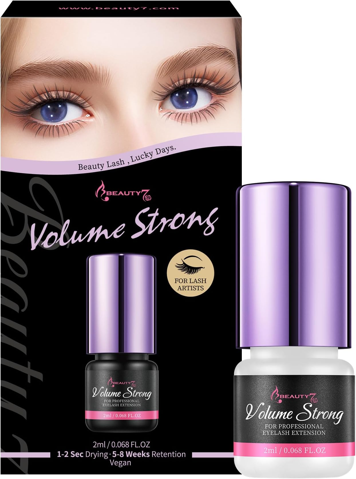 Beauty7 Eyelash Extension Adhesive Eyelash Glue Volume Strong Professional Use 1-2 Sec Fast Bonding Fast Dry Last 8-10 Weeks Non-Stimulation Semi Permanent Eyelash Extension Supplies 2ml