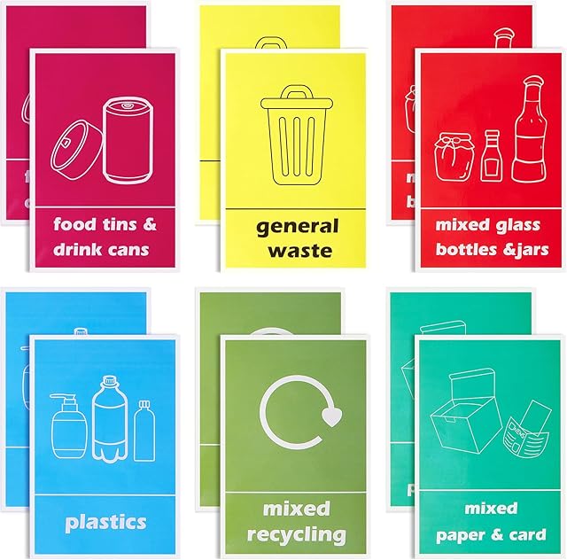 12 Pieces Multi Recycling Bin Sticker Trash Recycle Sticker Waste Sorting Decal Sticker Sign Recycling Signs Self-Adhesive Waterproof Garbage Recycle Labels for Trash Can Kitchen Home Favors