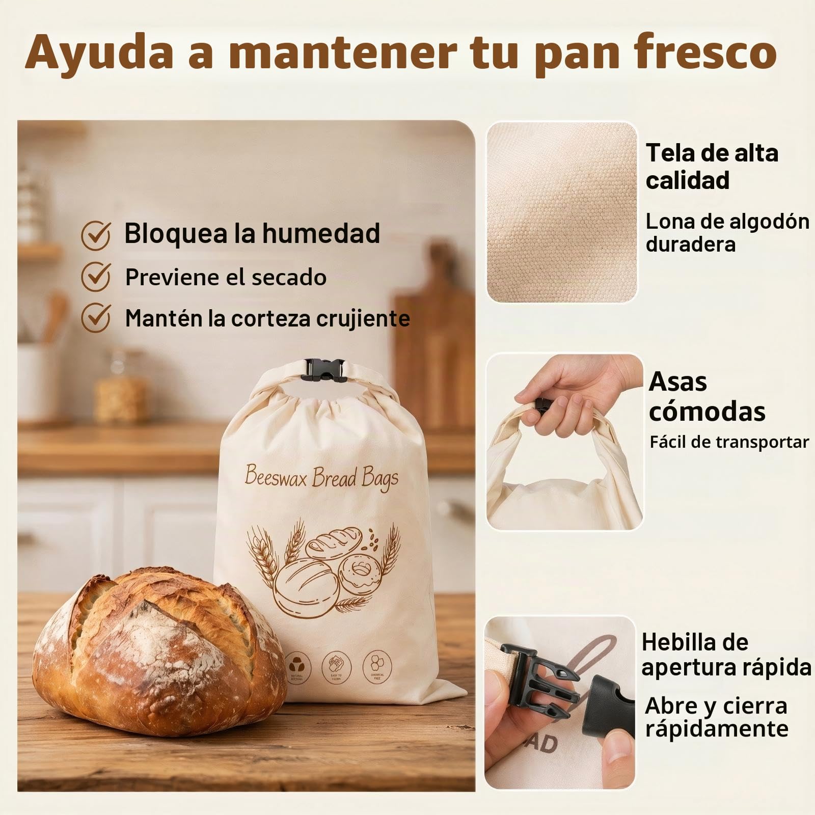 2 Pieces Bolsa de Pan de Cera de Abeja Reutilizables 33 X 43cm | Forro Desmontable Tela De Cera De Abeja, Con Asas, para Masa Madre y Bollería Casera, Productos de panadería