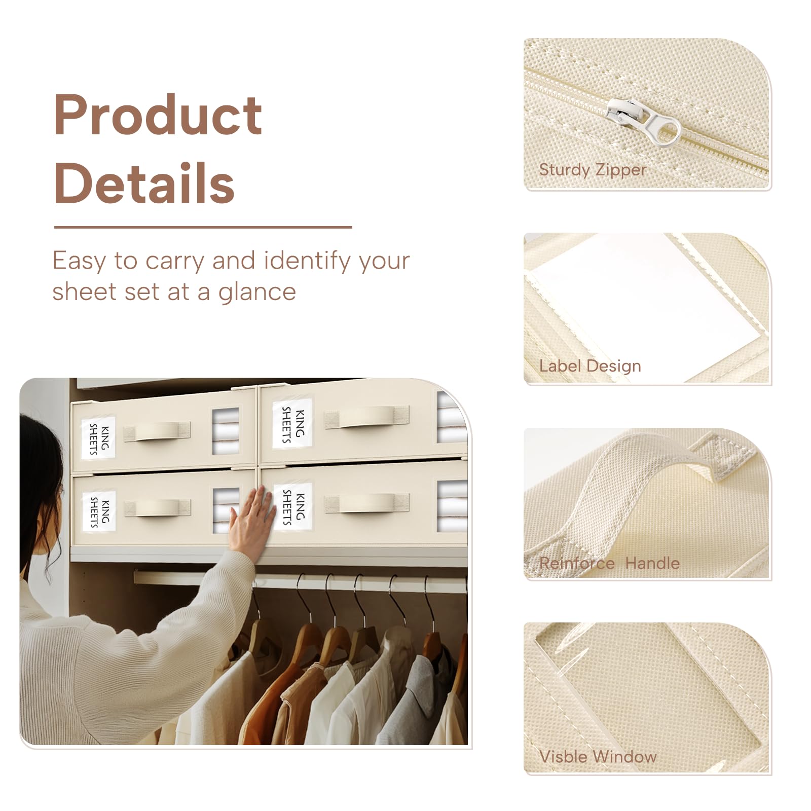 Criusia Organizzatori e contenitori per lenzuola, confezione da 6 contenitori pieghevoli per biancheria da letto, per set di lenzuola (king size, matrimoniali), copripiumini, coperte (beige)