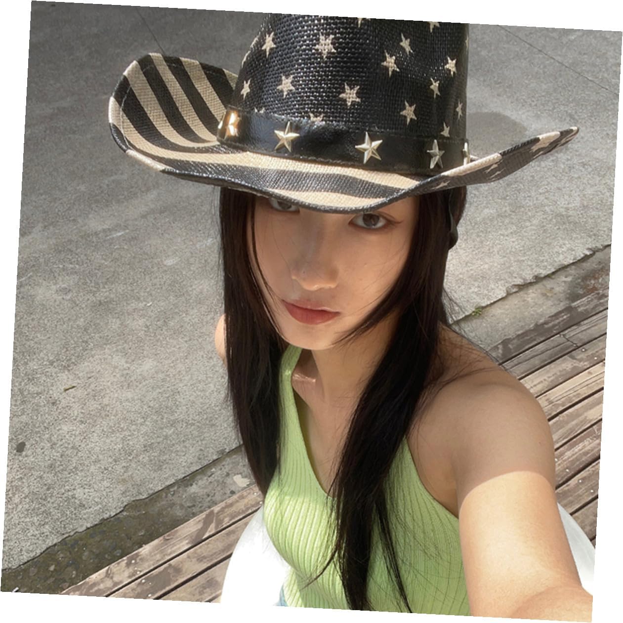 Toyvian American Flag Cowboy Hat Patriotic Straw Western Cowgirl Hat with Black Stripe for Men and Women 4th of July Celebration