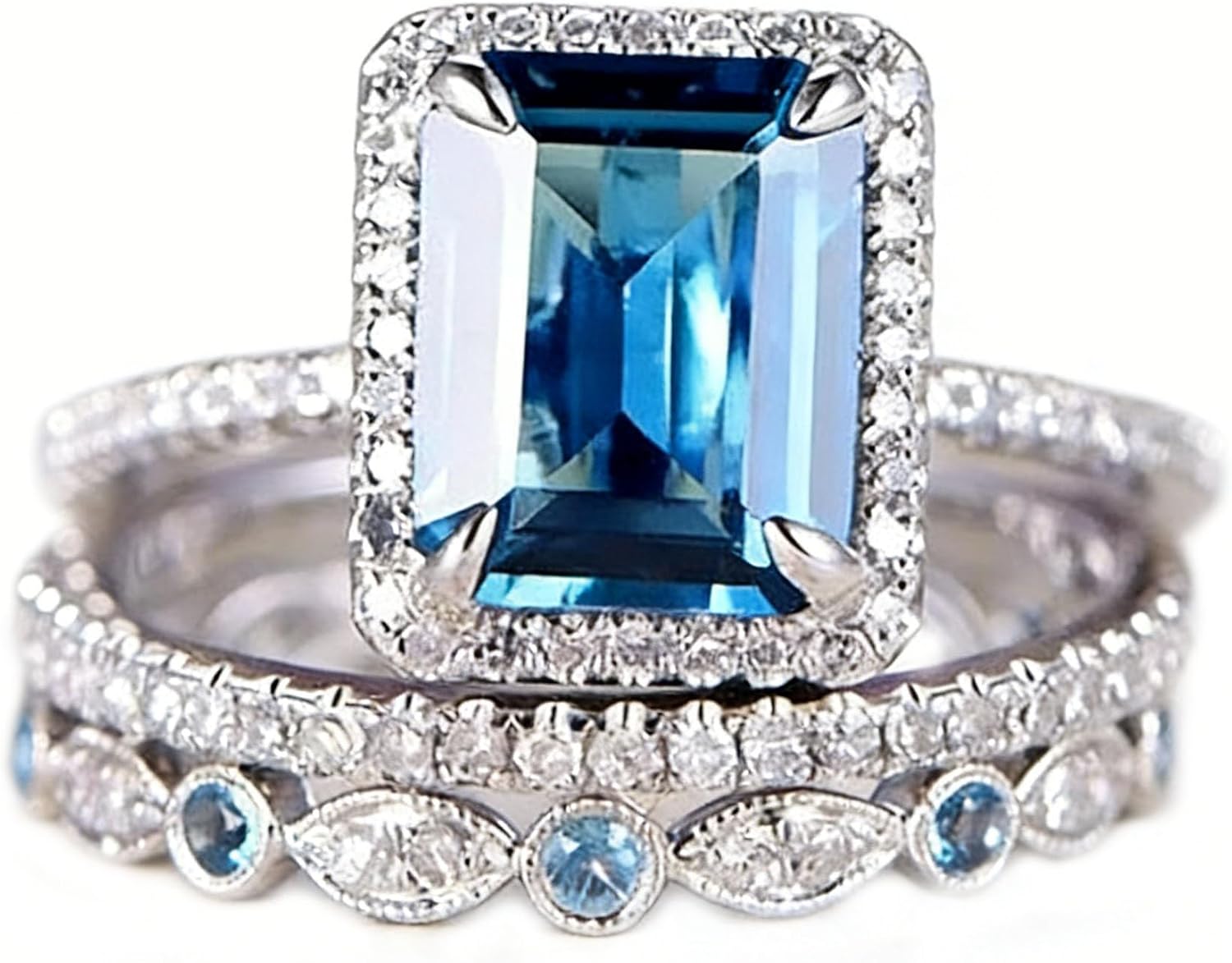 Mnyixsi Platinum Plated 925 Sterling Silver Sapphire Engagement Wedding Ring Set AAAAA Cz 925 Sterling Silver 3pcs Square Shape White Blue Gemstone Rings Set Size 8