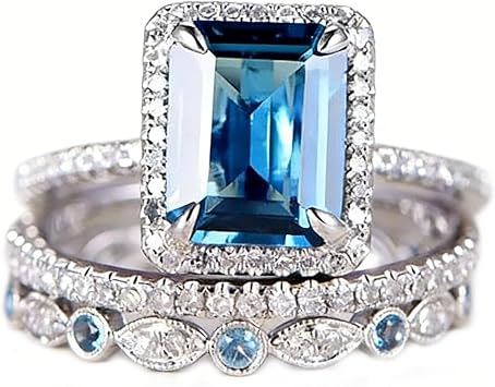 Mnyixsi Platinum Plated 925 Sterling Silver Sapphire Engagement Wedding Ring Set AAAAA Cz 925 Sterling Silver 3pcs Square Shape White Blue Gemstone Rings Set Size 7