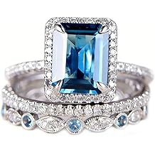 Mnyixsi Platinum Plated 925 Sterling Silver Sapphire Engagement Wedding Ring Set AAAAA Cz 925 Sterling Silver 3pcs Square Shape White Blue Gemstone Rings Set Size 7