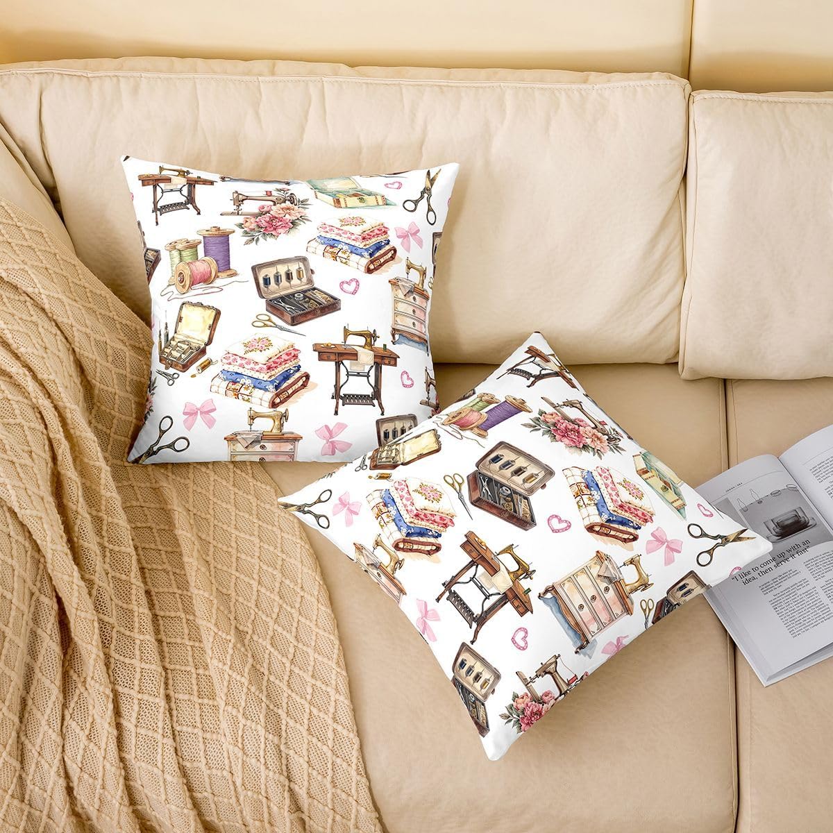 Manfei Vintage Sewing Station Throw Pillow Cover Retro Craft Supply Cushion Case Sewing Theme Pillow Cover for Living Room,White Brown Soft Pillowcases,18x18 Inches image 2