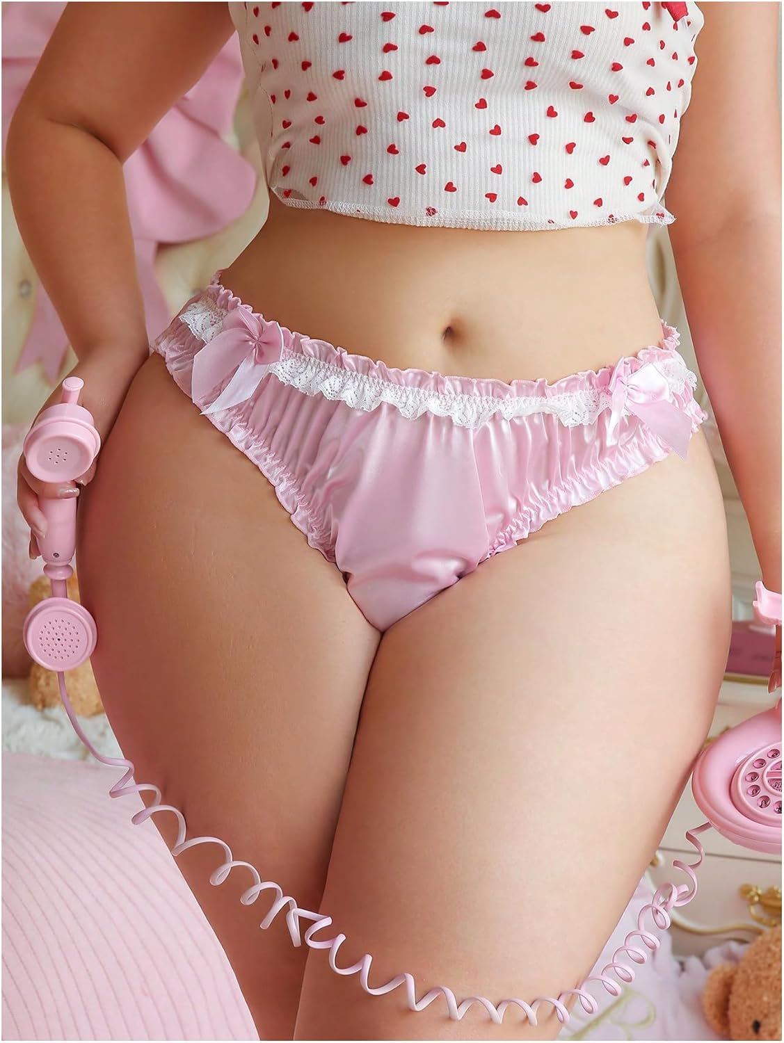 SHENHE Women's Plus Size Satin Underwear Ruffle Lace Trim Bow Panty Mid Rise Coquette Brief - Image 4
