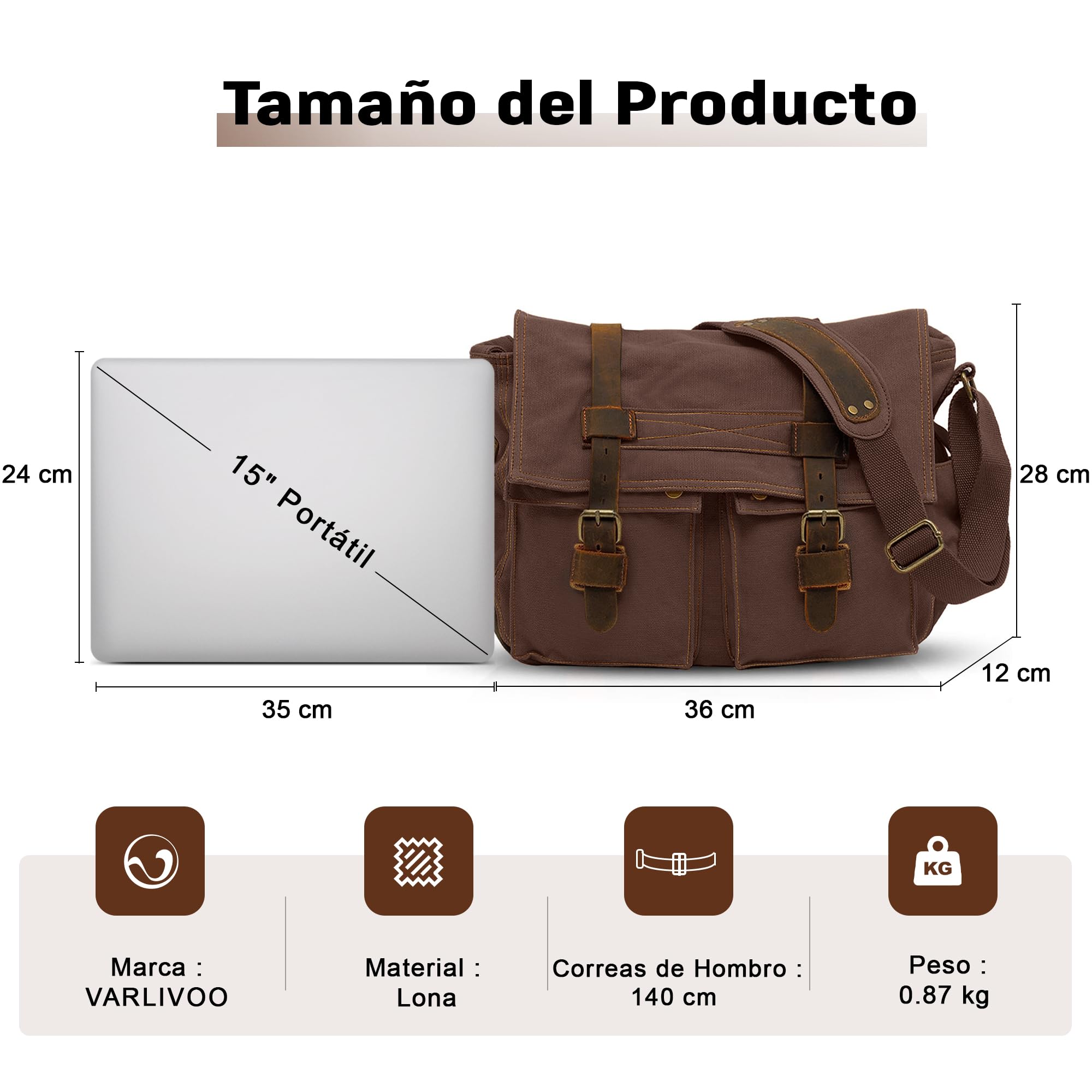 VARLIVOO Bolsa Mensajero Hombre, Bandolera Grande de 15" Portátil, Bolso de Hombro de Lona Vintage para Trabajo Viaje Escuela Marrón B