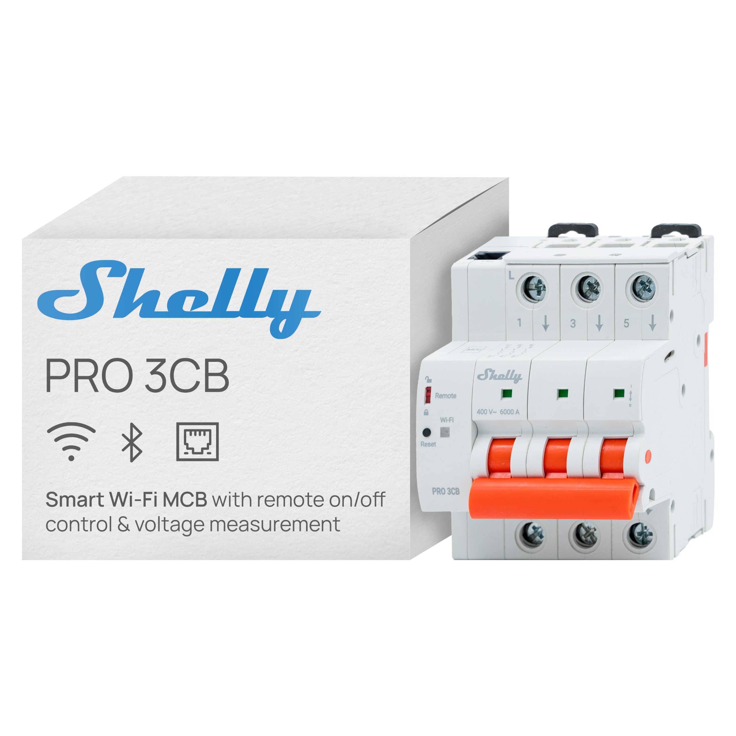 Shelly Pro 3CB C16A - Disyuntor Inteligente WiFi 3 Polos 16 A, Monitorización de Voltaje, Protección Sobretensión y Cortocircuito, Desconexión Remota, Control por App, Voz y Plataforma, Carril DIN