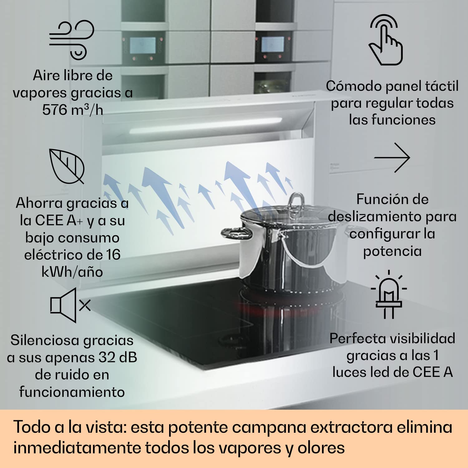 Klarstein Royal Flush Eco 60cm - Campana extractora retráctil, 576 m³/h, Touch-To-Slide, LED, eficiencia energética A++, acero inoxidable y cristal, recirculación/extracción de aire