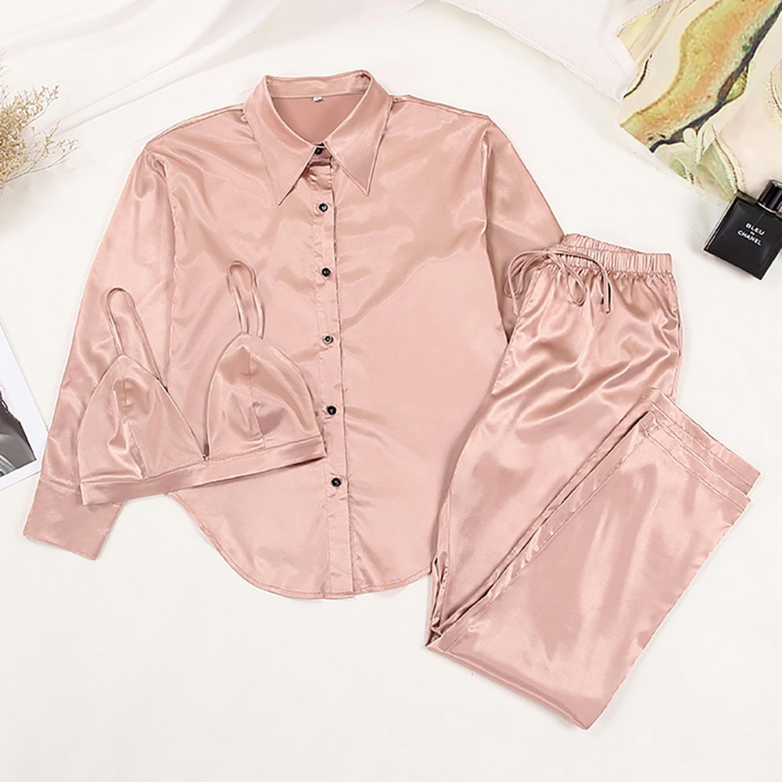Ensemble 3 pièces de Satin de Soie Revers Haut à Manches Longues Soutien-Gorge Costume pour Femme avec Pantalon Pyjama décontracté vêtements de Maison de Couleur Unie pour Femme-Marron Clair-M