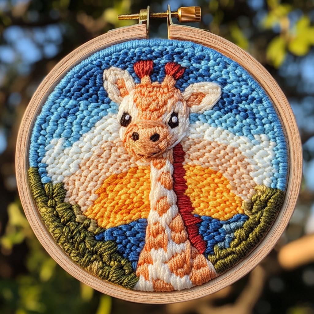 DIY Punch Needle Kits Cartoon Giraffe Sunset with Hoop 20x20cm-1