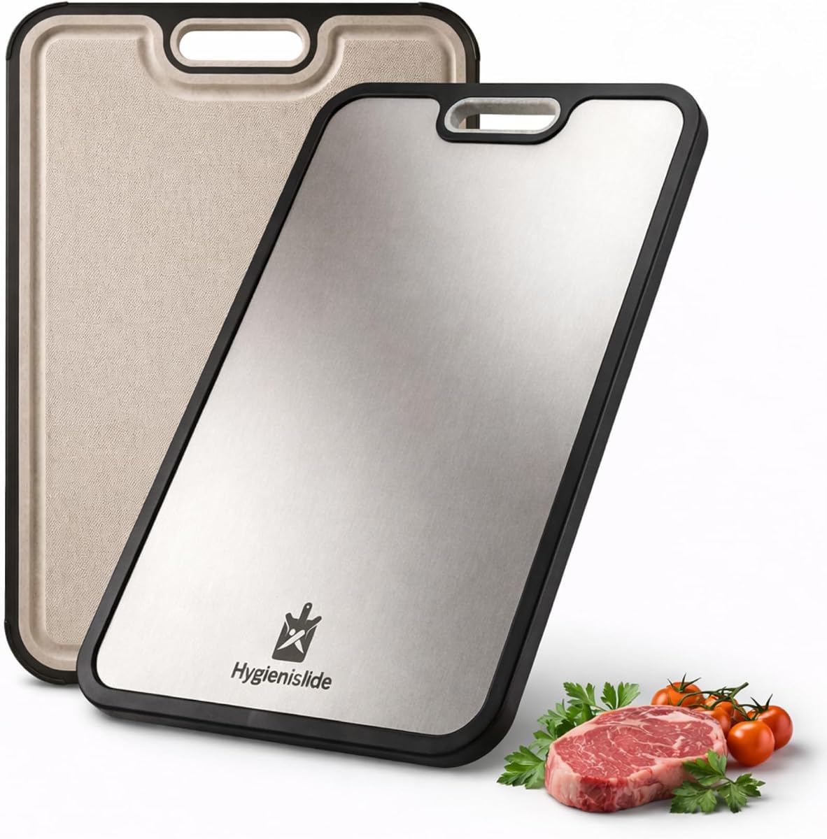 Tabla de cortar de titanio para cocina: no tóxica e higiénica, reversible 2 en 1, superficie de metal duradera, fácil de limpiar, superficie doble con lado de fibra de trigo PP, ranura para jugo, 16"x11"