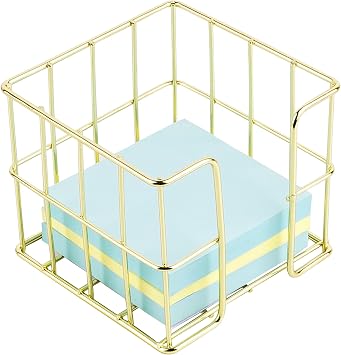 Gold Sticky Note Holder for Desk, 3x3 Metal Wire Memo Pad Dispenser, Cute Square Post Note Cube Organizer, Office Desk Accessories for Women 3.74 Inch