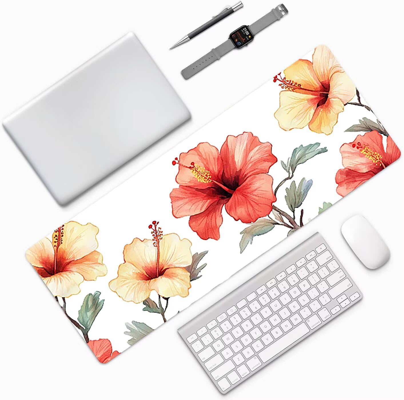 Lpfieonn Blume Großes Schreibtischunterlage, XXL Schreibtischunterlagen, Weiß XXL Wasserdicht Gaming Mousepad mit Vernähter Rand und Rutschfeste Gummibasis, für Laptop/Hause/Büro 120x60cm PF-2781