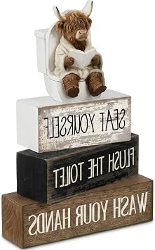 4-Piece Highland Cow Bathroom Ornaments, Bathroom Decorations and Ornaments with Wooden Finish, Highland Cow Ornament for Bathroom Decor, Highland Cows Ornaments for Home, Highland Cow Gifts
