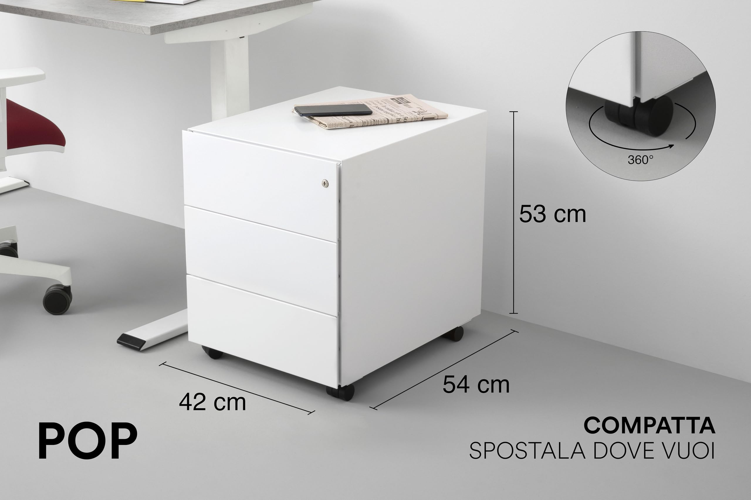 D-Segno Cassettiera da Scrivania in Metallo con Ruote - Cassettiera Ufficio Design Minimal con chiave, Dimensioni cm. 54× 42× 53,5, Made in Italy (Nero)