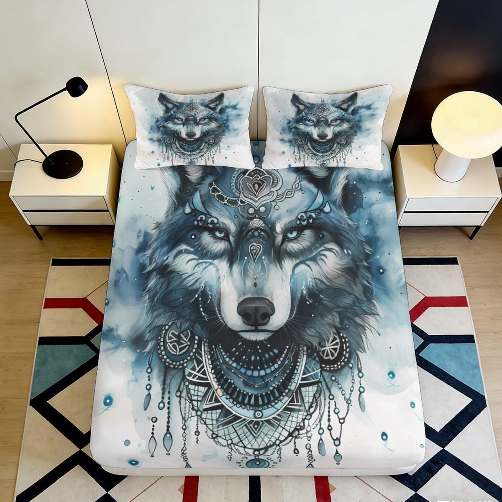 3D Printed Wolf Dreamcatcher Fitted Sheet Microfiber Soft Blue Animal Bed Cover for Bedroom Guest Room Decor 180x200x25cm