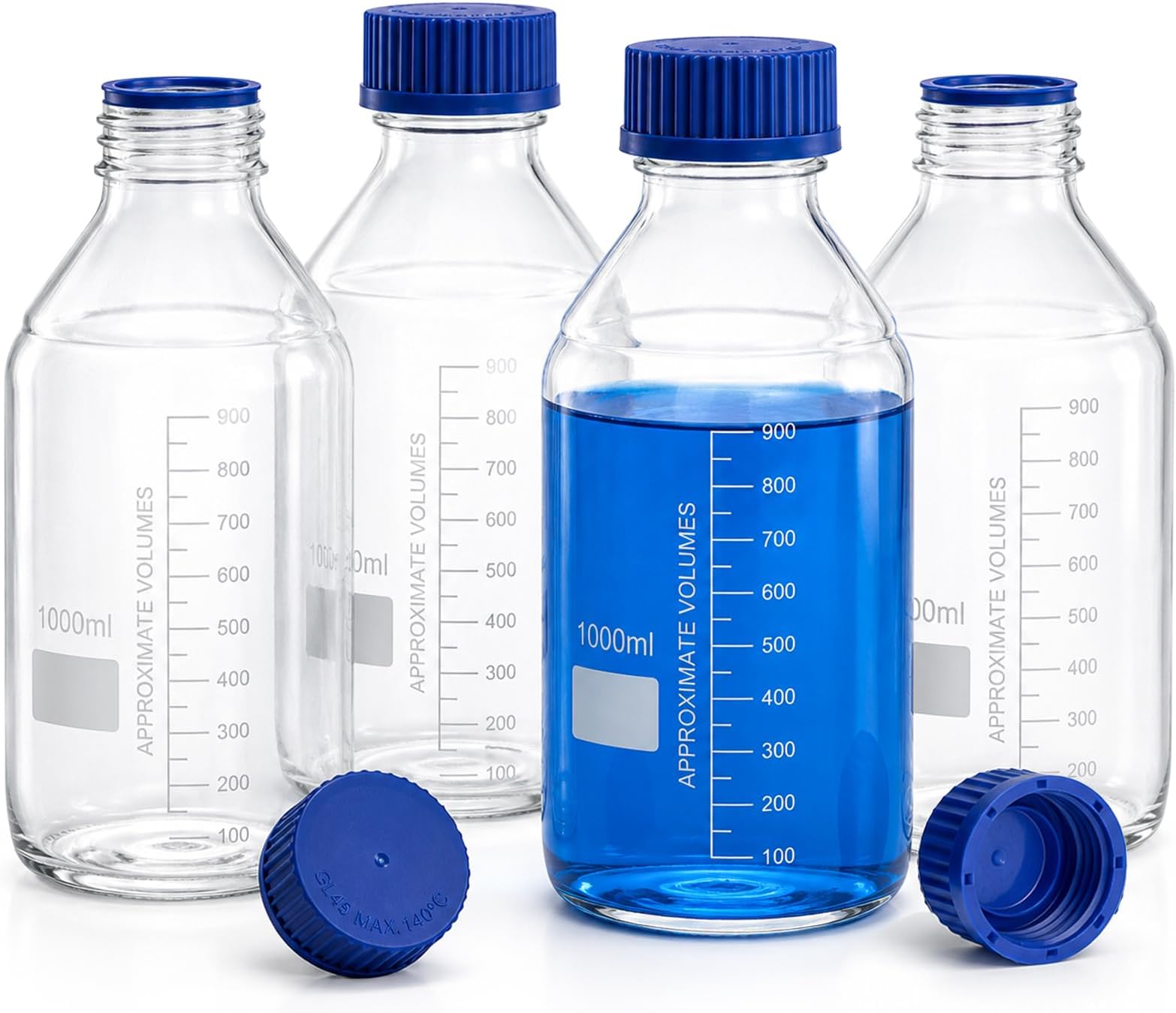 4 Pack Glass Media Bottle 1000ml, Reusable Storage Bottles with GL45 Blue Screw Cap, Graduated Borosilicate Round Scientific Glass Container for Labs, Classrooms or Home Use