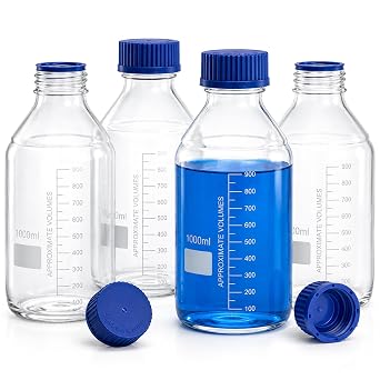 Yopay 4 Pack Glass Media Bottle 1000ml, Reusable Storage Bottles with GL45 Blue Screw Cap, Graduated Borosilicate Round Scientific Glass Container for Labs, Classrooms or Home Use