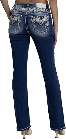 Miss Me Womens Botanical Embellished Faux Flap Pockets Mid-Rise Bootcut Jeans