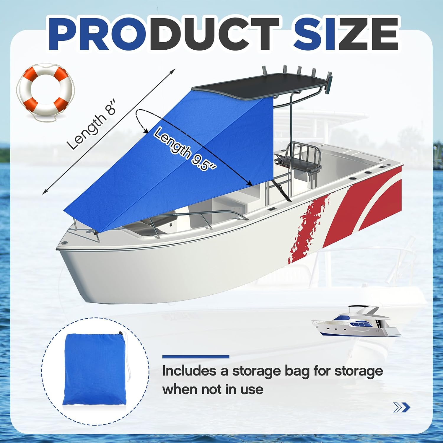 BBTO 8' X 9.5' T-Top Bow Shade for Boat Cover UV Protection 600d Oxford Cloth Canopy Waterproof Navy Blue Boat Tent Sun Shade Extension for Hot Cloudless Day