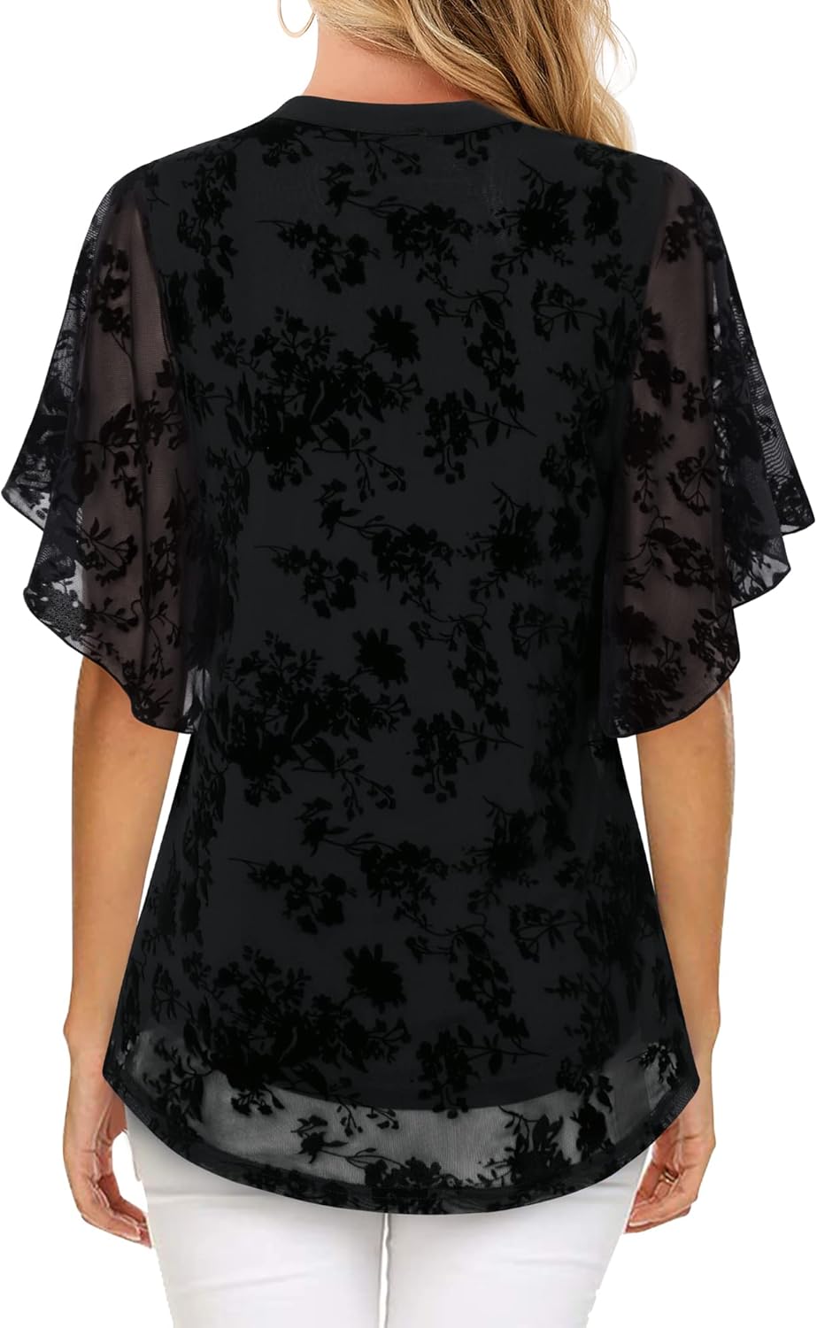 Timeson Women's Short Sleeve V Neck Blouses Shirts Floral Double Layers Mesh Tunics Tops - Image 3