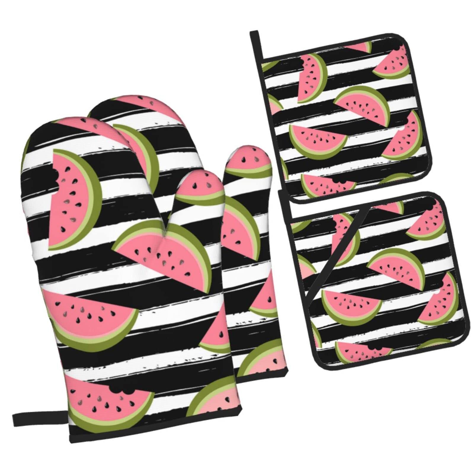 Watermelon Seamless Pattern Stripes Oven Mitts and Pot Holders Sets, Christmas Oven Mitt Kitchen Heat Resistant Non-Slip Pot Holders Set for Cooking Baking BBQ
