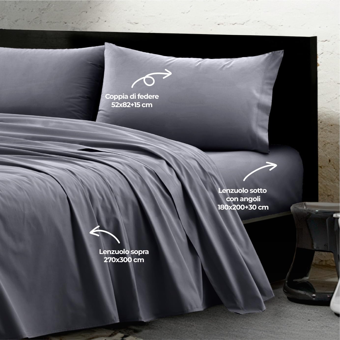 IlGruppone Completo Lenzuola Matrimoniale 100% Cotone Percalle 210 Tc Certificato OEKO-TEX Confezionato in Italia Lenzuolo con Angoli Maxi 30 cm, 2 Federe con Patella - Antracite