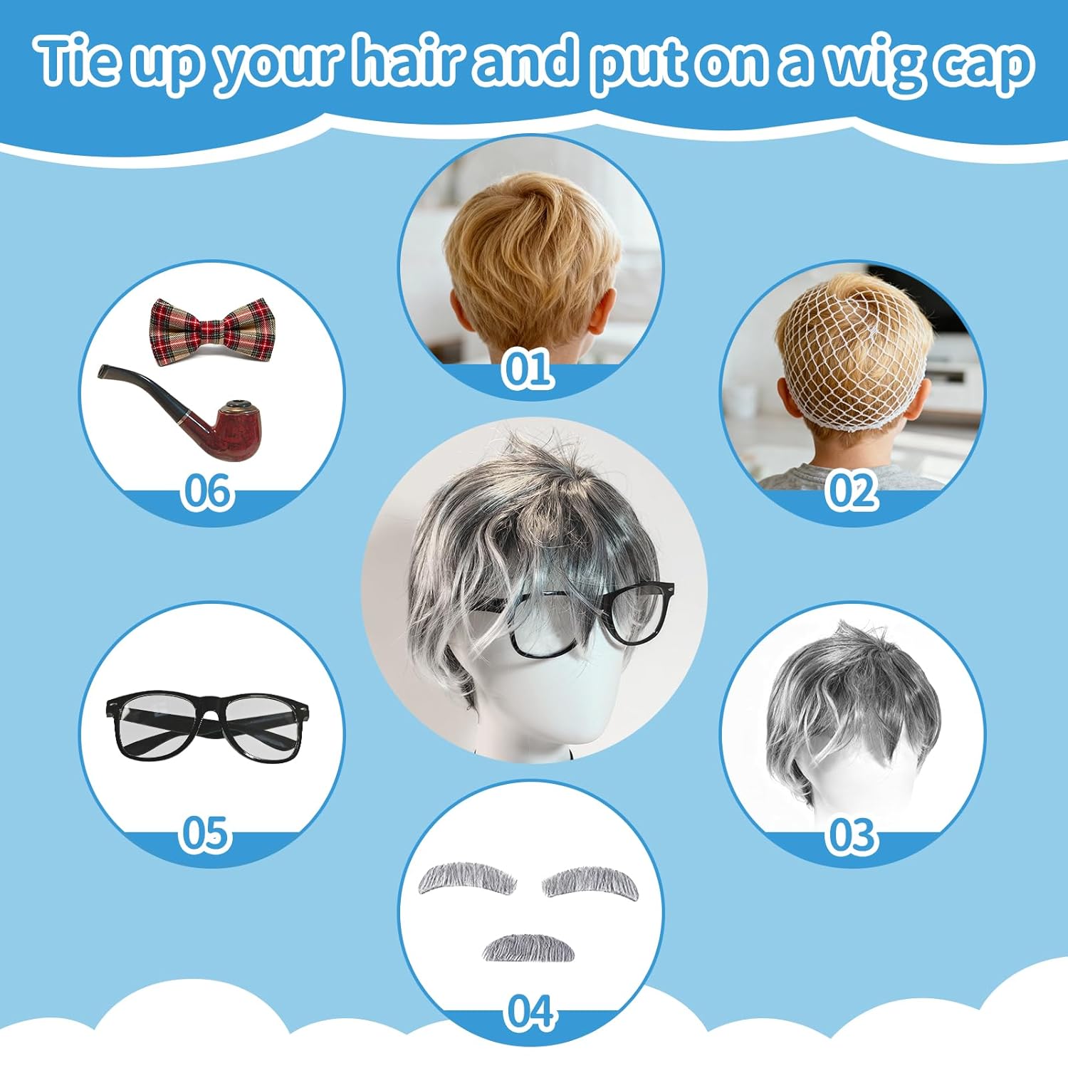 8pcs Old Man Costume for Men Old Man Wig for Adults Grandpa Costume with Wigs, Wig Cap, Moustache, Eyebrow, Glasses, Bow Tie, Inflatable Cane, Fake Pipe for Costumes Party Cosplay Christmas - Image 4