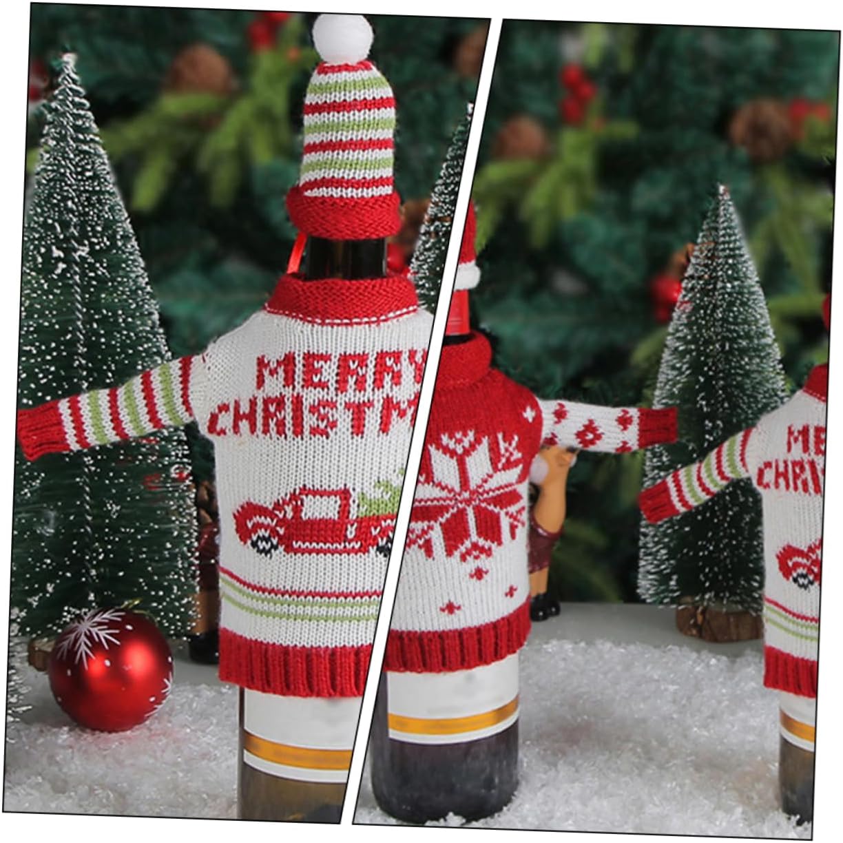Xmas Wine Bottle Hat Covers 2 Sets Knitted Fabric Red Festive