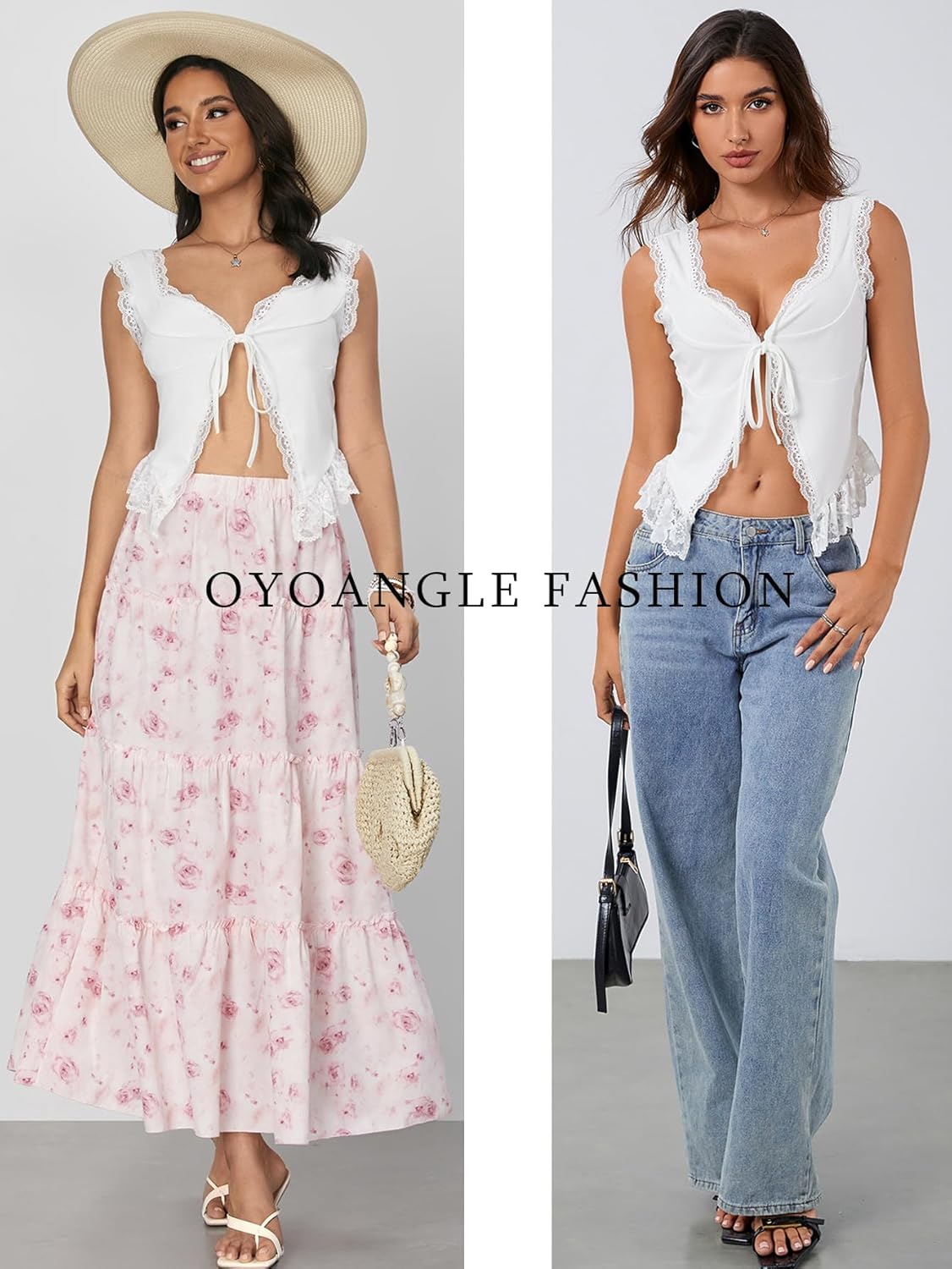 OYOANGLE Women's Going Out Top Lace Trim Front Tie Sleeveless Boho Summer Casual Crop Tank Blouse Shirt - Image 6