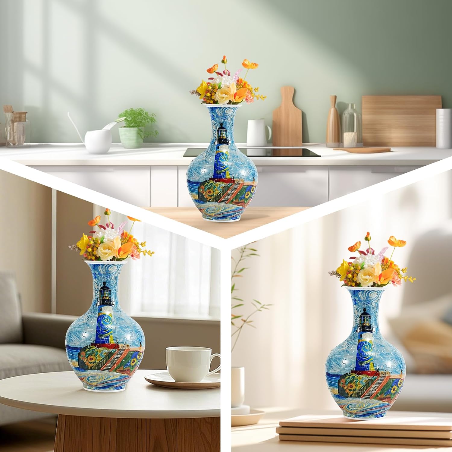164 Pcs Vase Puzzle, Adult 3D Plastic Jigsaw Vase Puzzle, Gift for Adults, for Home Decoration and Flower Arrangement (Blue Lighthouse-1)