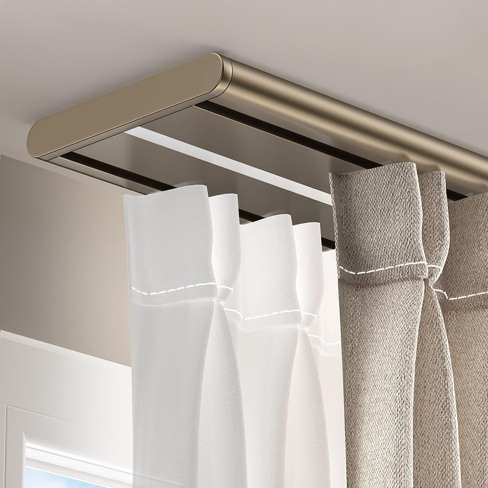 Wytrzymały aluminiowy zestaw szyn przesuwnych z podwójną szyną sufitową – 40 m (szampański) do salonu / sypialni/przegrody pokoju - i stylowe rozwiązanie