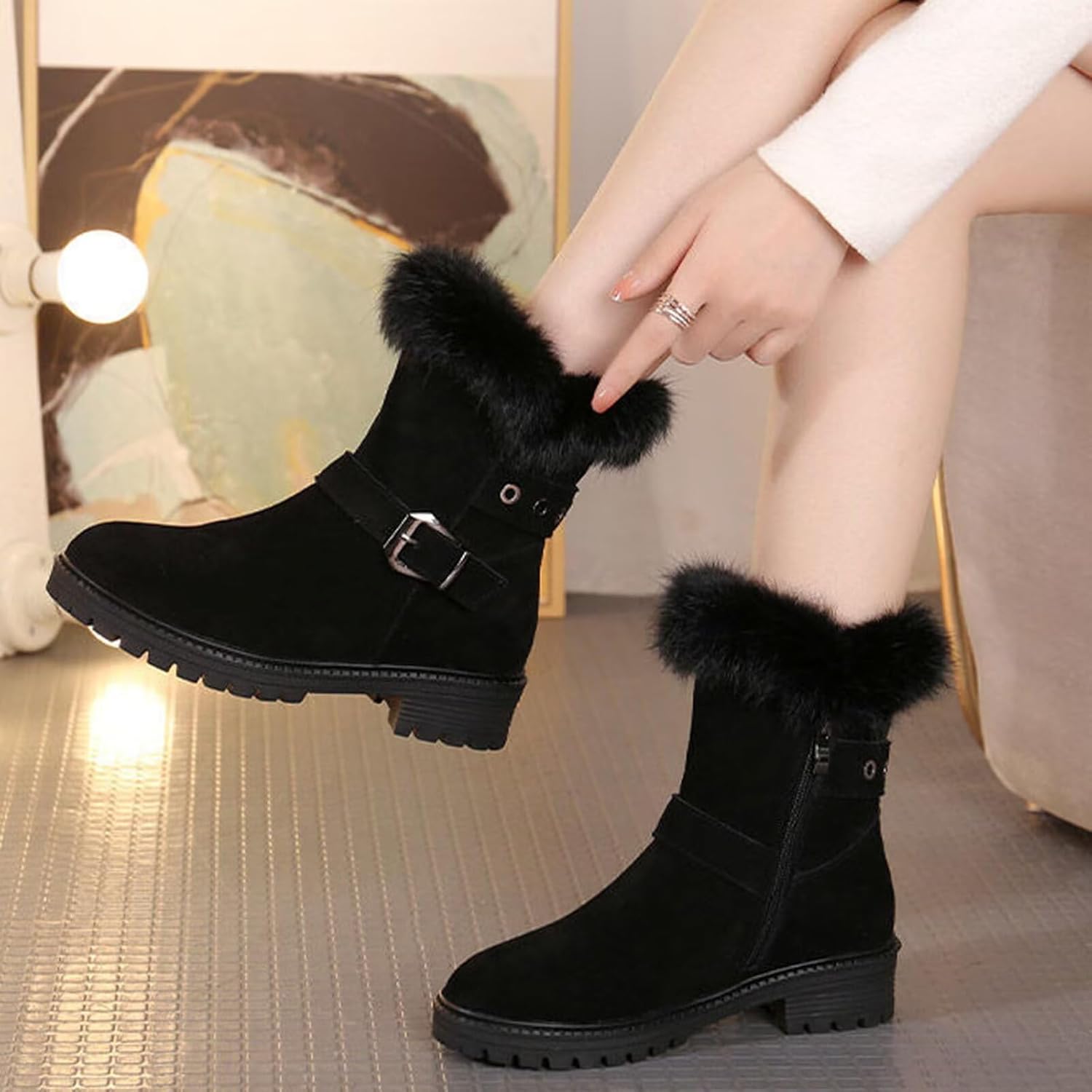Agodor Women Snow Boots,Winter Shoes,Warm Faux Fur Round Toe Low Heels Side Zipper Outdoor Non-Slip Short Booties