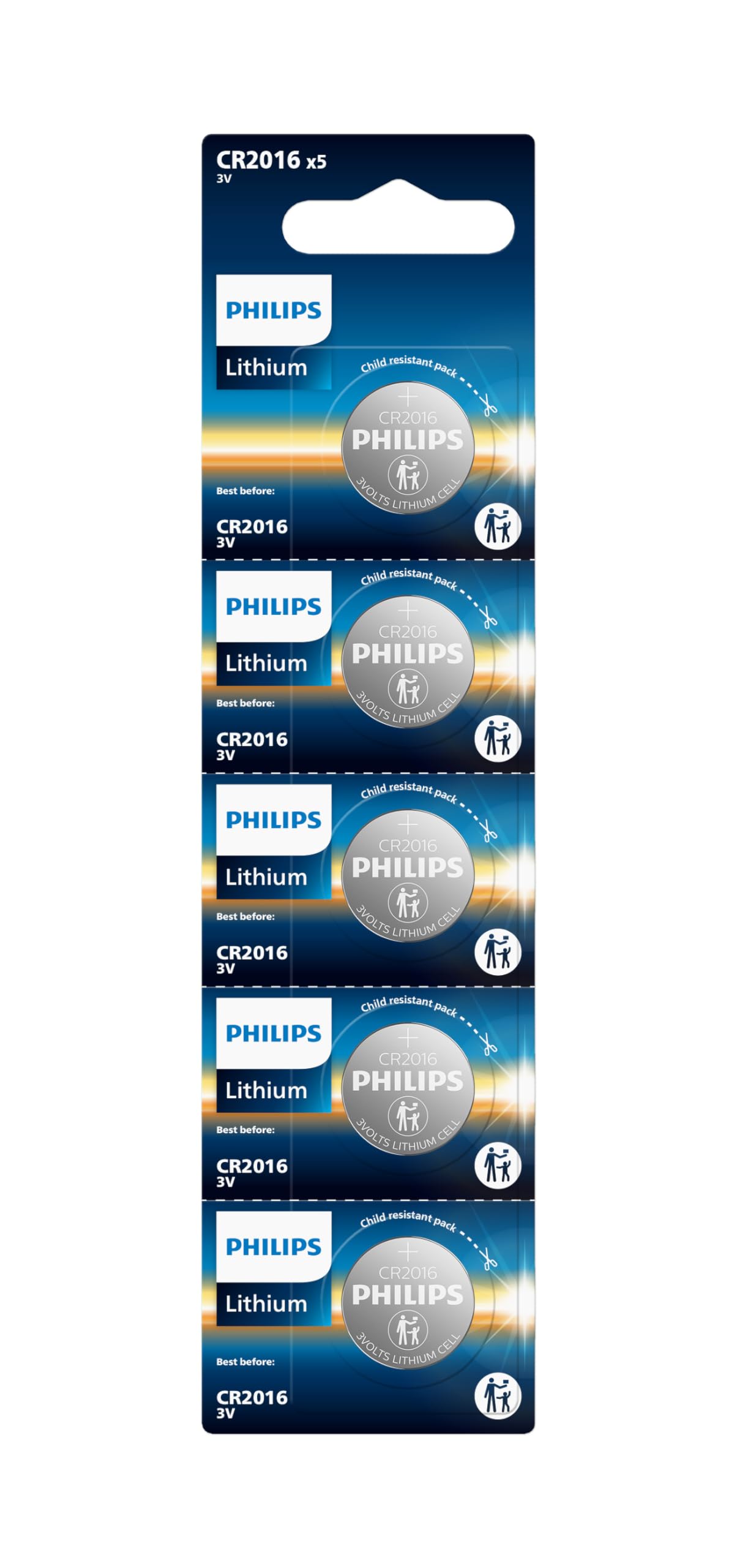 Philips CR2016 Battery 5 Pack CR 2016 Batteries 10 Year Shelf Life Durable Leak-Proof Design CR2016 3v Lithium