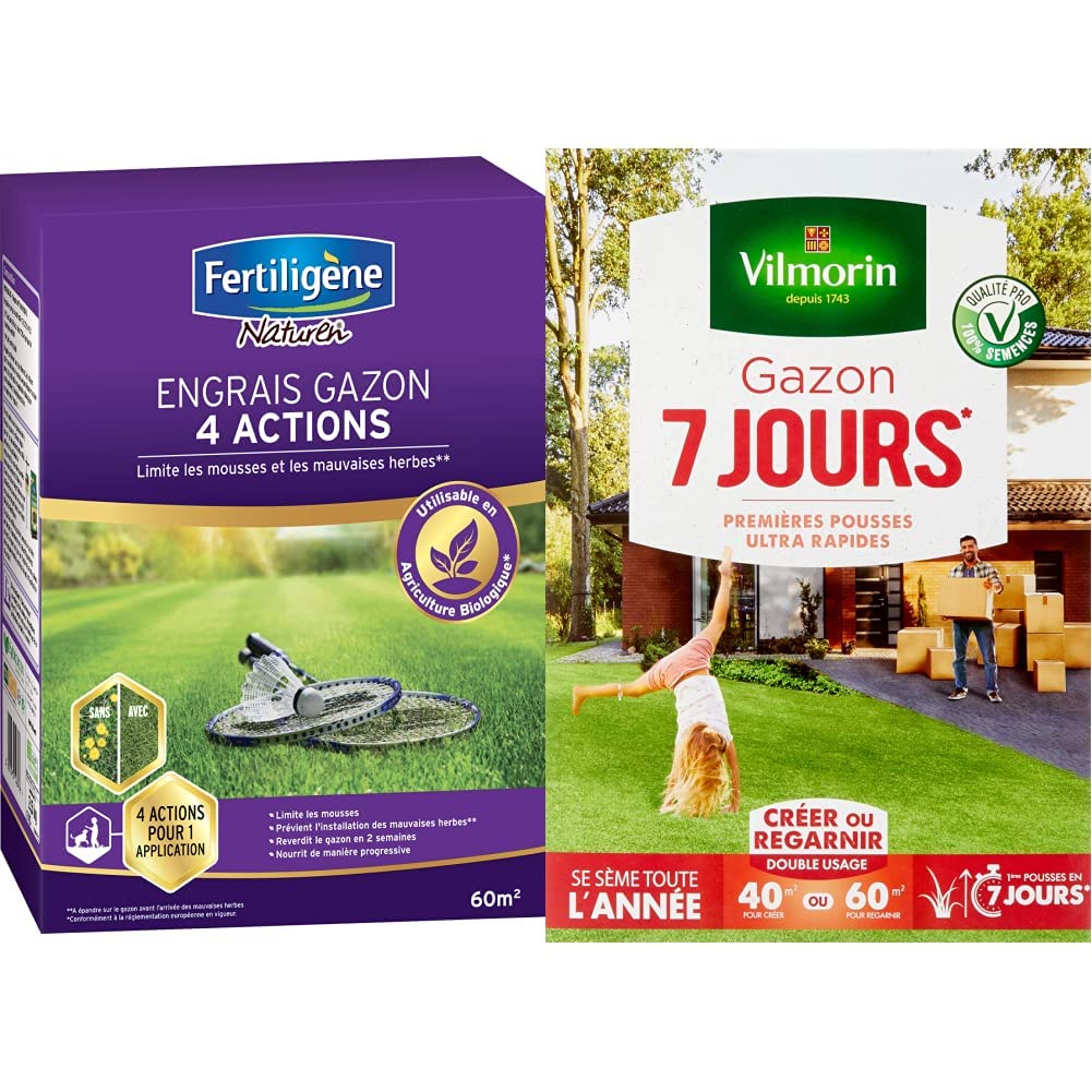 Engrais gazon Fertiligene et semences Vilmorin pour jardin de 60m²