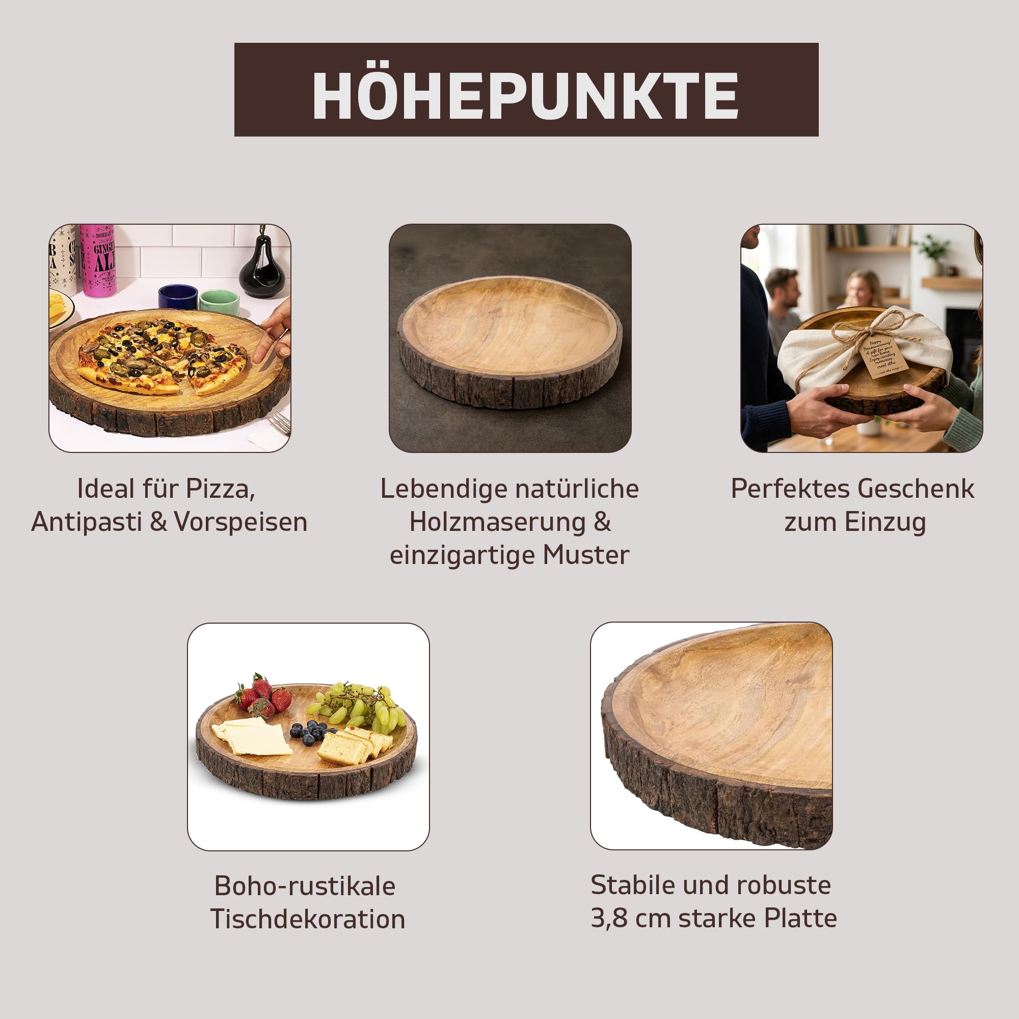 GoCraft Runde Servierplatte aus Holz mit Baumrinde an den Kanten, Mangoholz-Pizzateller, Servierbrett, Charcuterieplatte, 33 cm