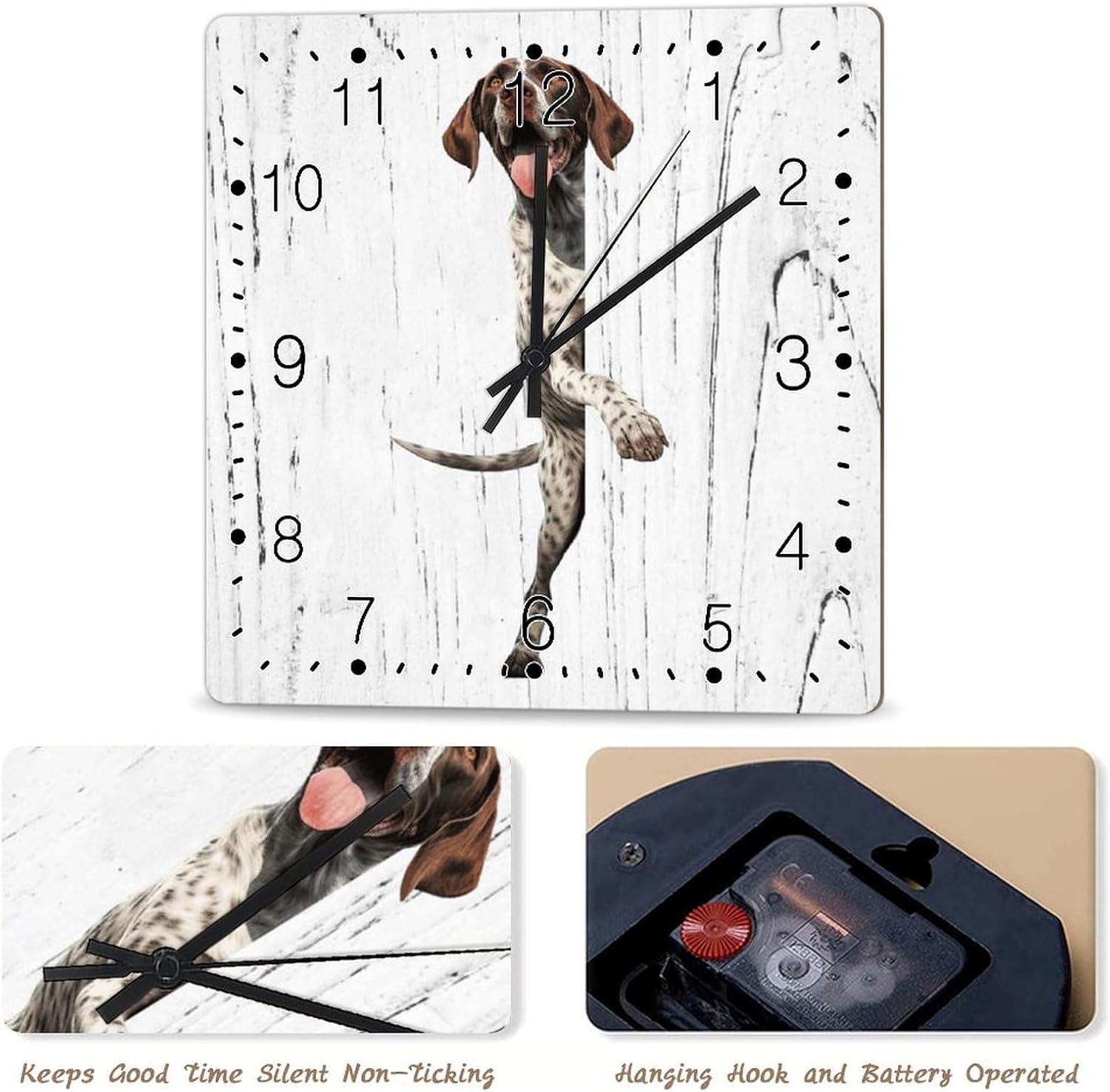 Wood Clock Pointer Wooden Decorative Wall Clock Pointer Dog Peeking ASquare Corner Hanging Wall Clocks Non-Ticking Battery Operated Square Clock Gift for Dog Owner Clocks 12x12in