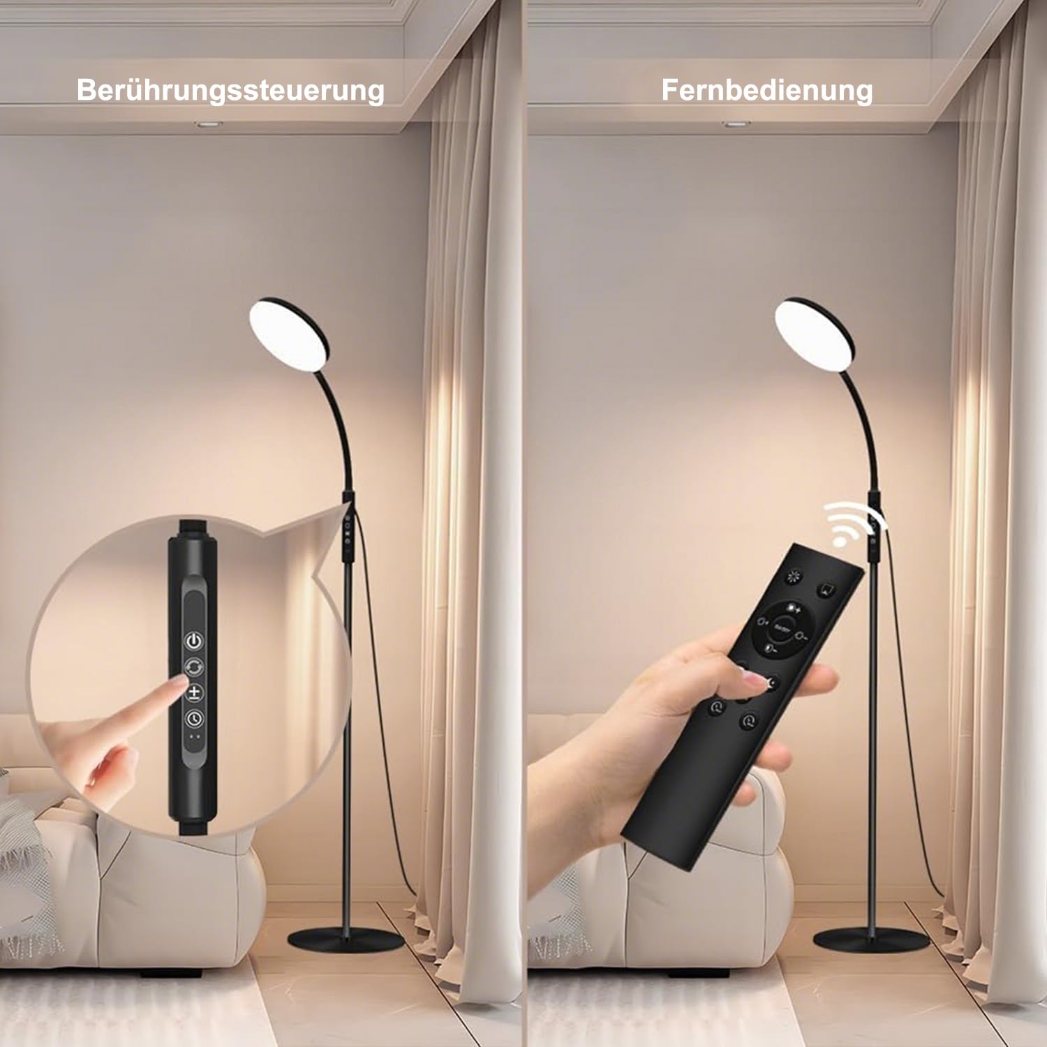 LED Stehlampe Dimmbar mit Fernbedienung, 20000 Lux Tageslichtlampe gegen Winterblues, 1700K-6000K Leselampe mit Timer & Flexibler Schwanenhals, 165cm Stehleuchte für Wohnzimmer, Schlafzimmer & Büro