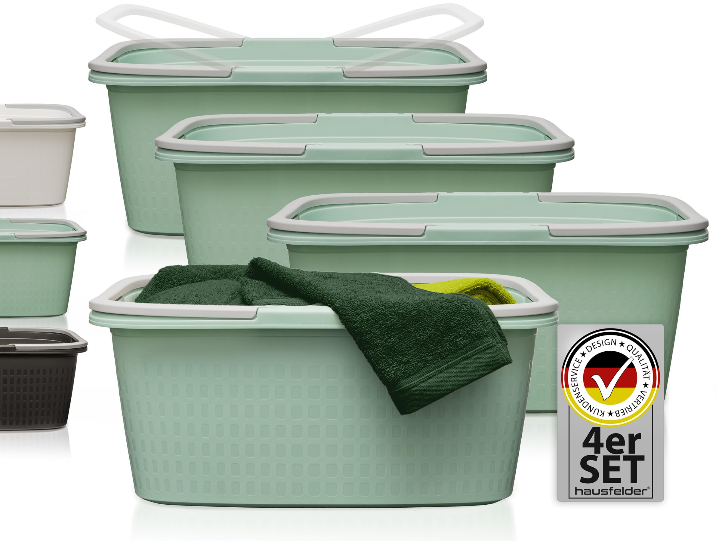 Hausfelder Wäschewanne 35L mit Henkel - Wäschekorb Plastik 4er Set 58x37x25cm - stabil groß wetterfest - Stapelbare Wäschekörbe 35 Liter - Grün