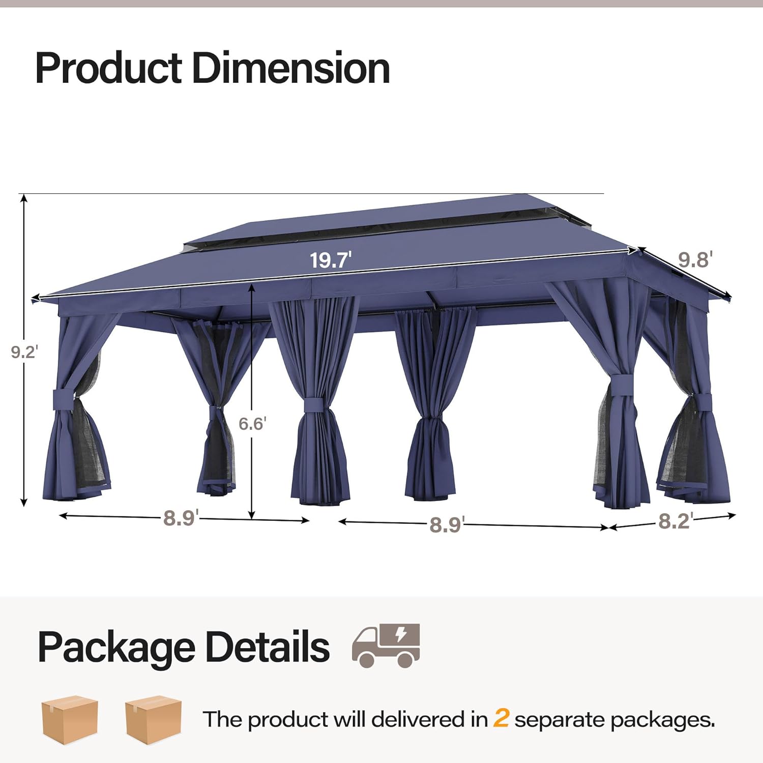 Diagram showing the product dimensions of the 10x20 foot gazebo, including height, length, and width.