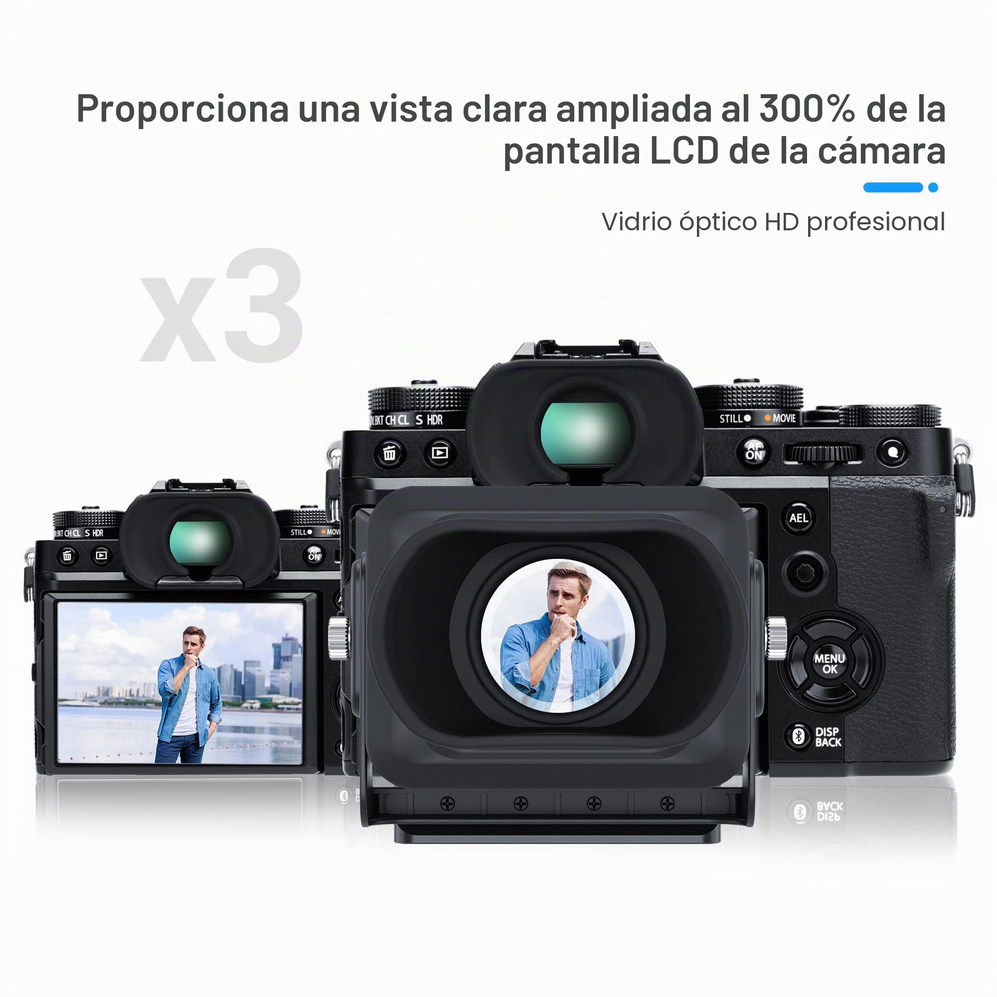JJC - Visor LCD para cámara de fotos (3 de aumento de ancho x 3, con placa de liberación rápida tipo Arca, parasol para cámaras réflex digitales