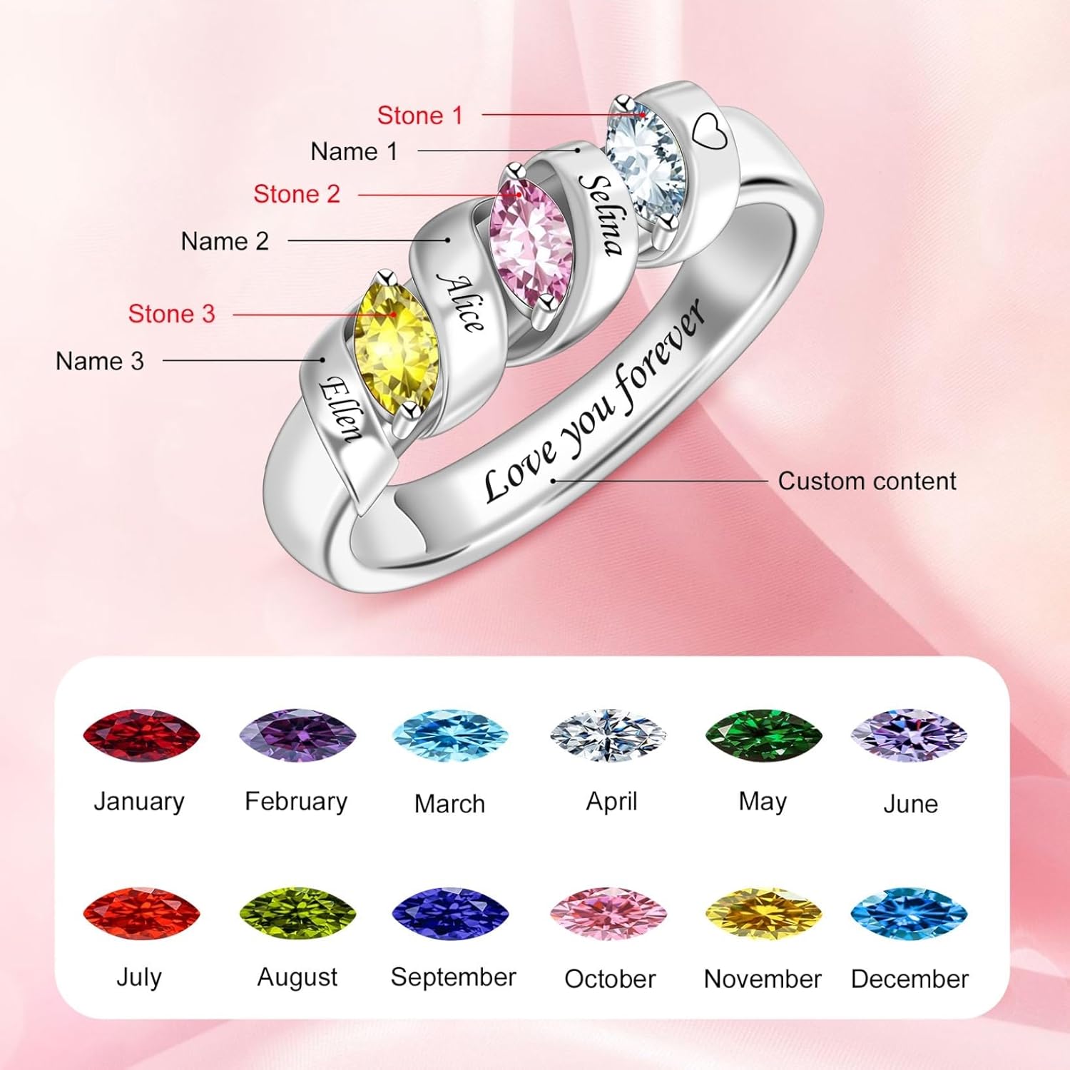 Personalized Mother's Ring with 1-6 Birthstones,925 Sterling Silver Custom Engraved Names, Family Jewelry Gift for Mom Grandma Wife Valentine's Day Mother's Day Birthday