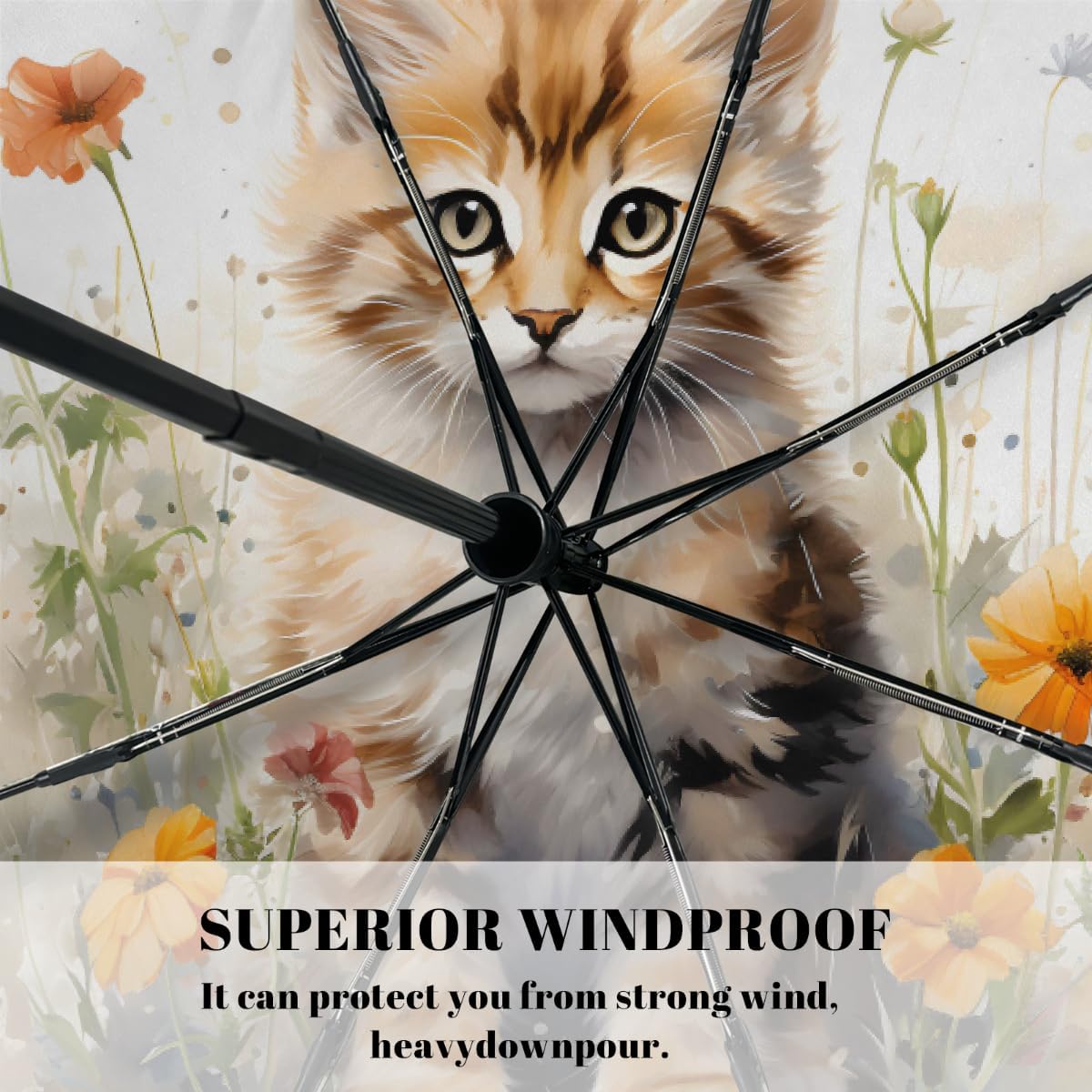 Watercolor Lovely Cat Flower Folding Umbrella Windproof Compact Lightweight Travel Umbrella with 8 Reinforced Ribs, Portable UV Sun & Rain Protection for Men & Women